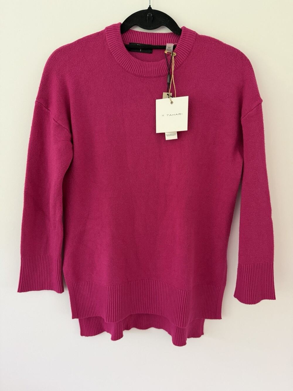 NWT T Tahari Sweater S Hot Pink Fuchsia High Low Tunic Oversized Crewneck
